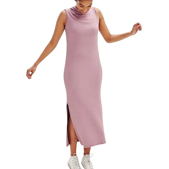 AMOUR VERT Ribbed Maxi Dress Sleeveless Side Slits Modal Blend Raisin Brown - Picture 4 of 10